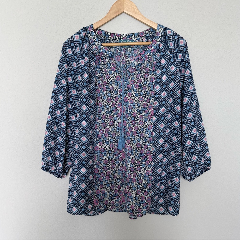 Fleur Bleue Mixed Print Peasant Blouse Blue/Purple